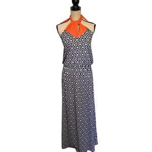 Mudpie Leighton Maxi Dress Sz Medium Navy Orange 3 Way Geometric New Beachy